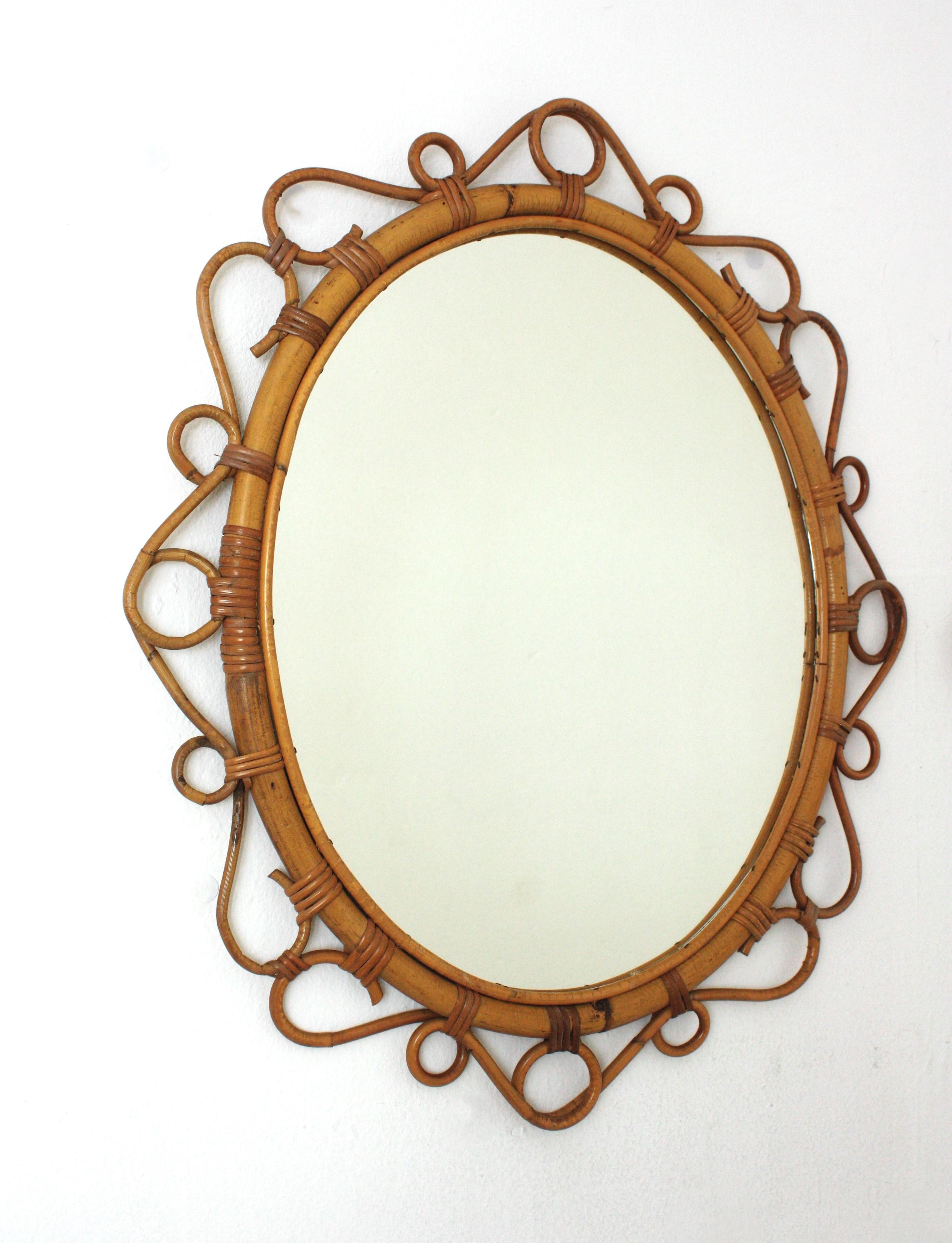 Pair of Spanish Rattan Bamboo Oval Mirrors, 1960s For Sale 1