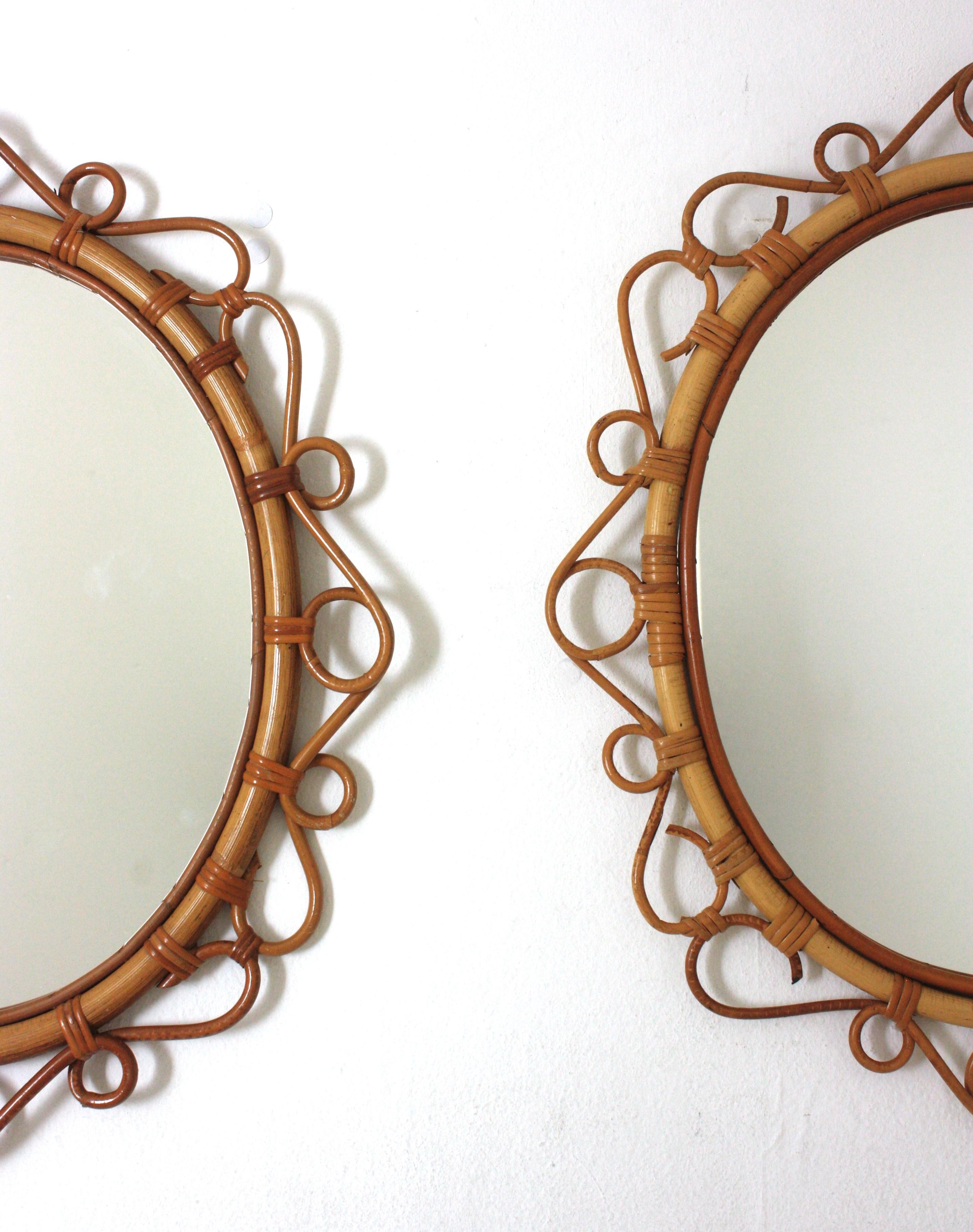 Pair of Spanish Rattan Bamboo Oval Mirrors, 1960s 1