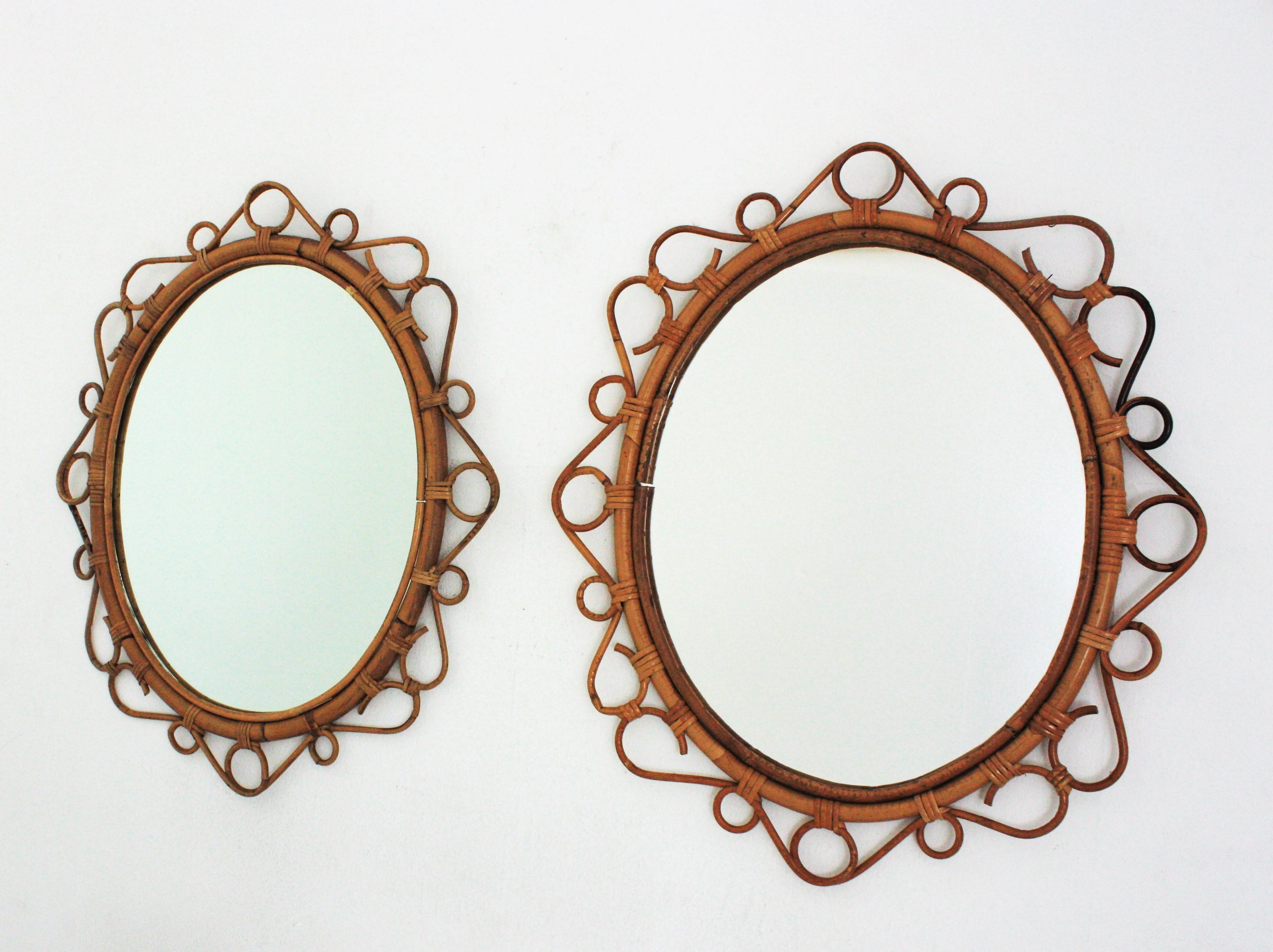 Pair of Spanish Rattan Bamboo Oval Mirrors, 1960s 2