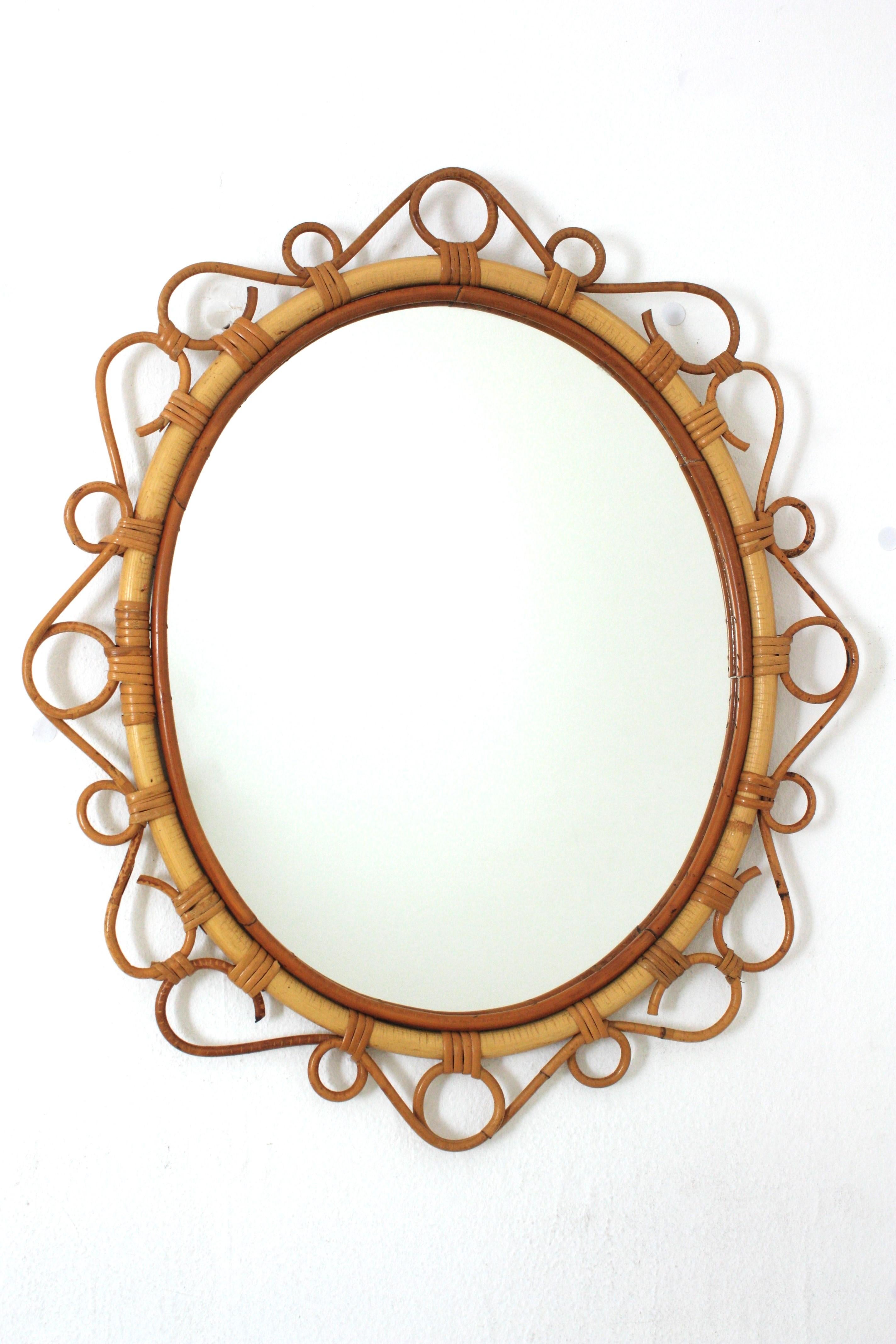Pair of Spanish Rattan Bamboo Oval Mirrors, 1960s 2