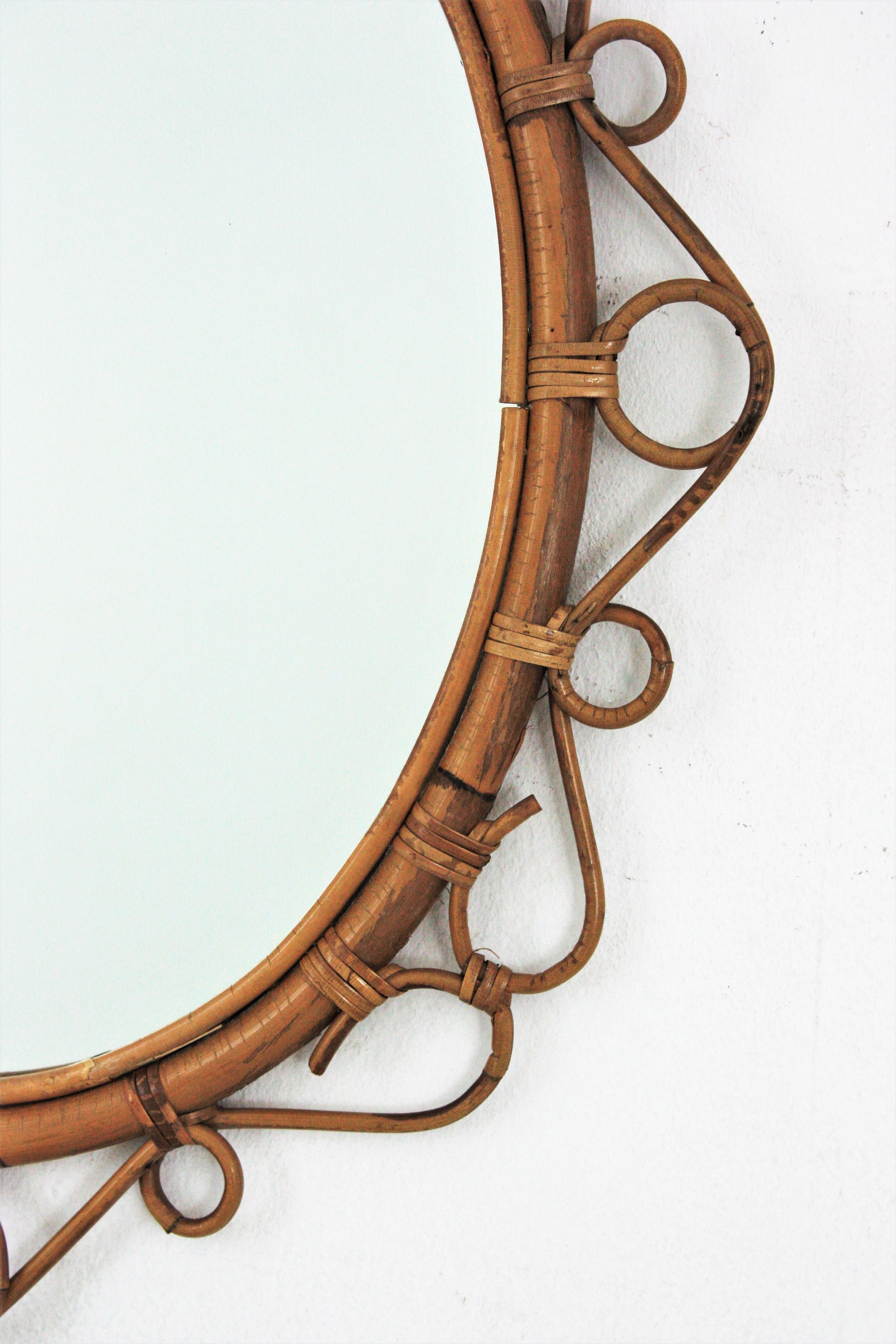 Pair of Spanish Rattan Bamboo Oval Mirrors, 1960s 3