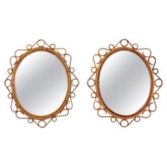 Pair of Spanish Rattan Bamboo Oval Mirrors, 1960s