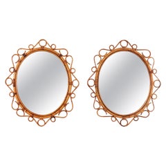 Pair of Spanish Rattan Bamboo Oval Mirrors, 1960s