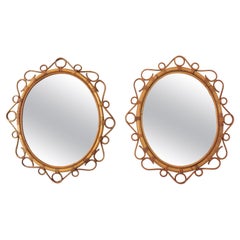 Pair of Spanish Rattan Bamboo Oval Mirrors, 1960s