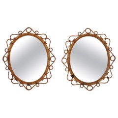 Pair of Spanish Rattan Bamboo Oval Mirrors, 1960s