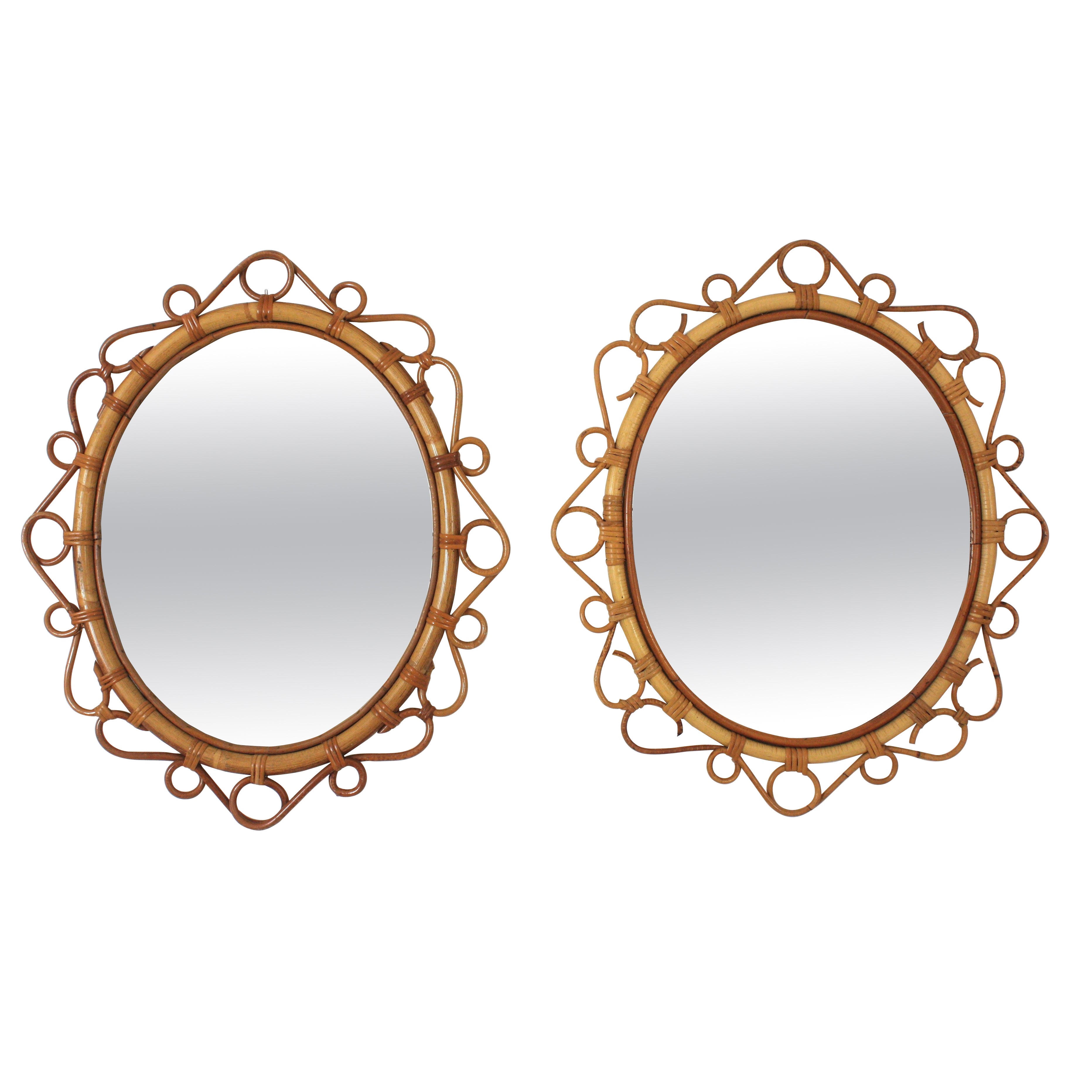 Pair of Spanish Rattan Bamboo Oval Mirrors, 1960s