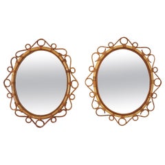 Pair of Spanish Rattan Bamboo Oval Mirrors, 1960s