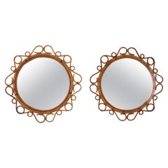 Pair of Spanish Rattan Bamboo Round Mirrors, 1960s