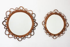 Pair of Spanish Rattan Bamboo Round Mirrors