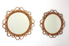 Pair of Spanish Rattan Bamboo Round Mirrors, 1960s