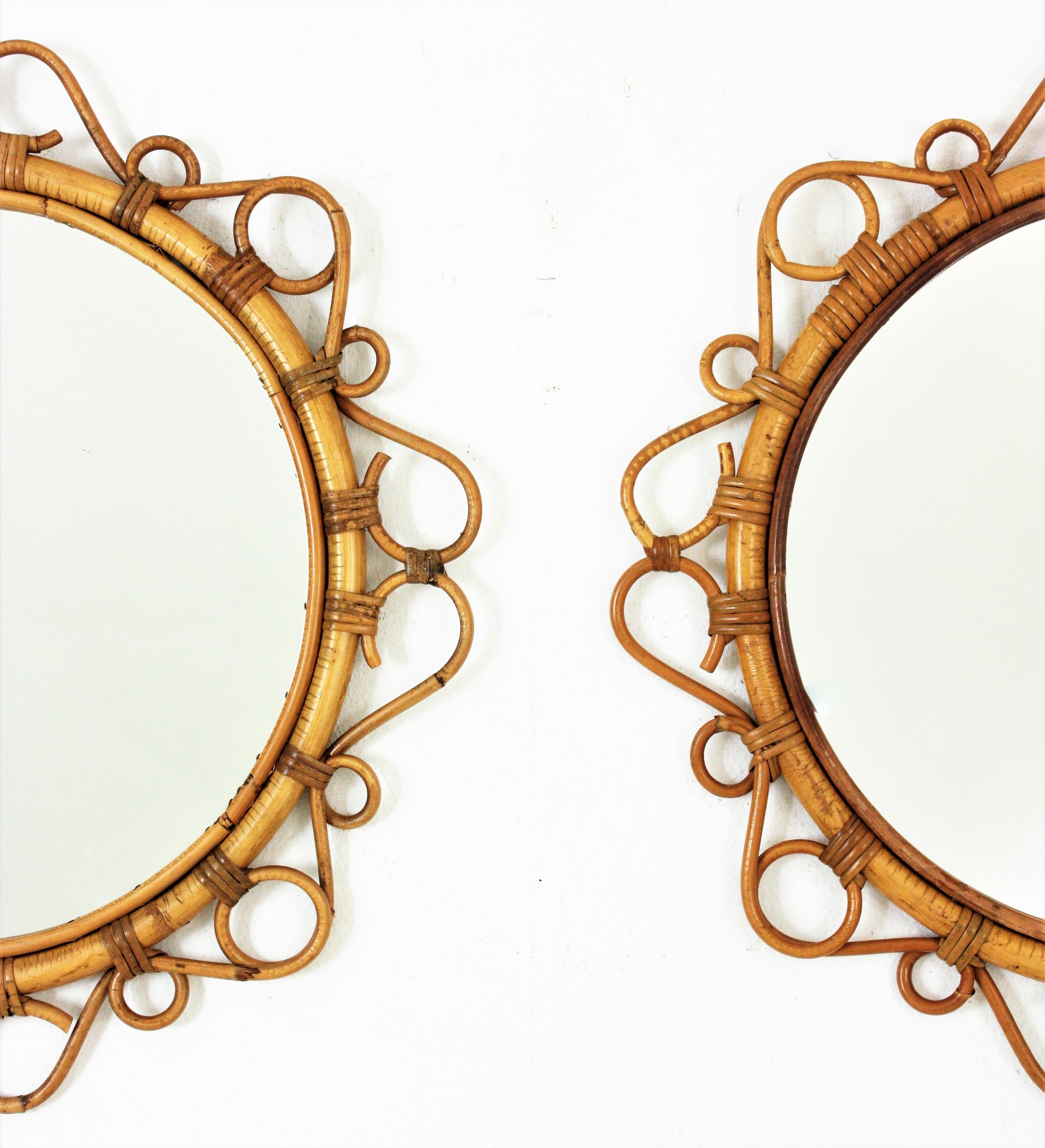 Hand-Crafted Pair of Spanish Rattan Bamboo Round Mirrors