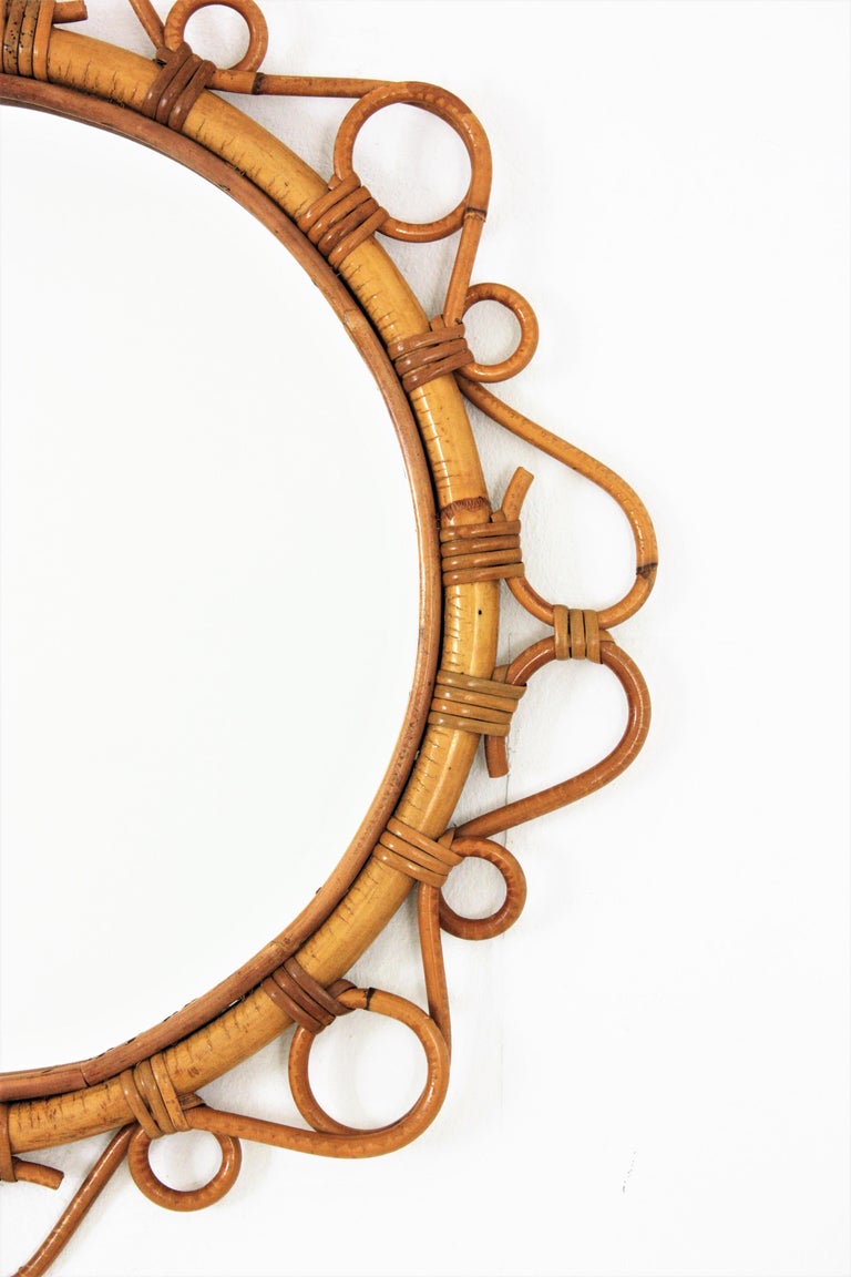 Pair of Spanish Rattan Bamboo Round Mirrors For Sale at 1stDibs