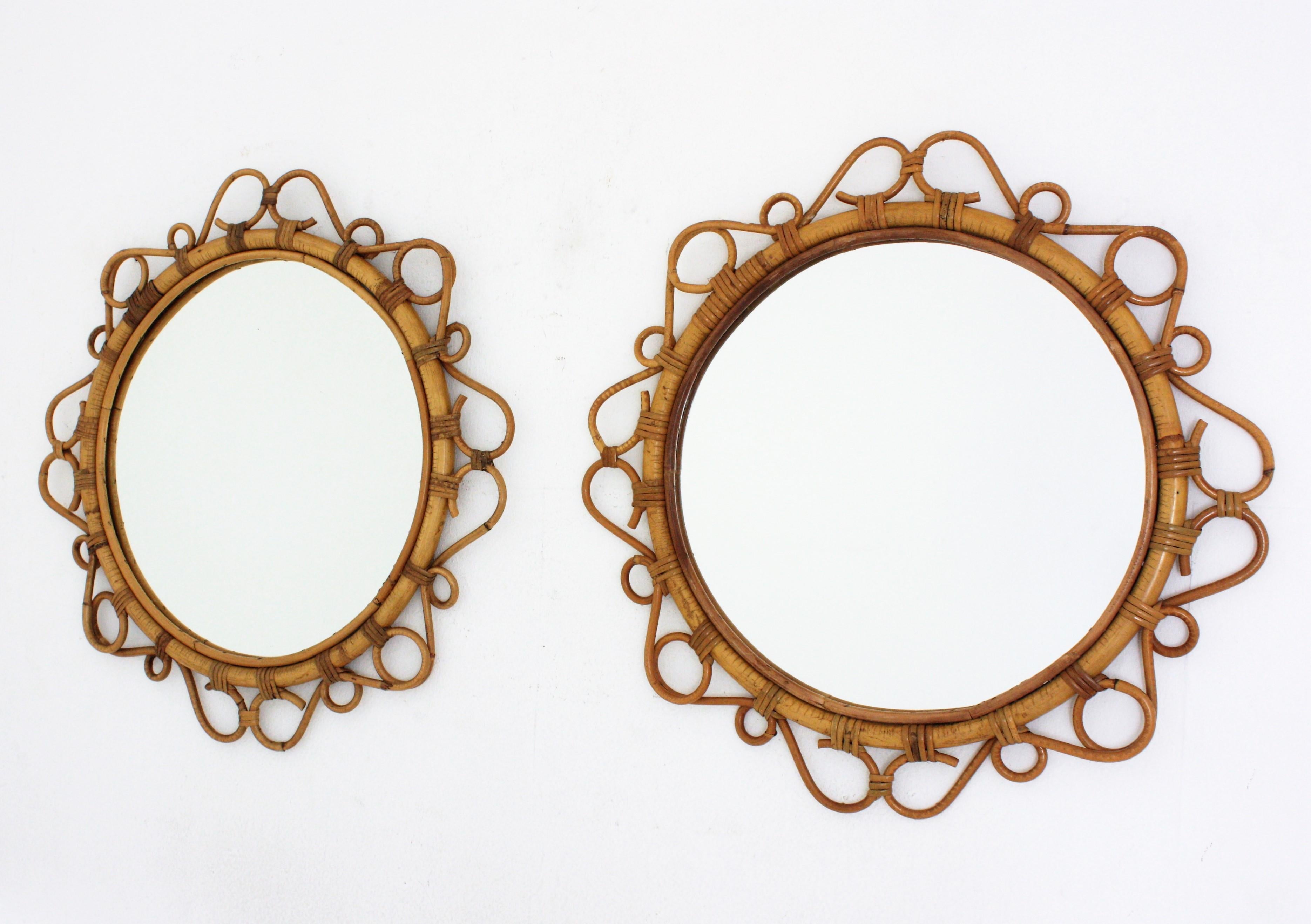 Pair of Spanish Rattan Bamboo Round Mirrors 1