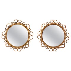 Pair of Spanish Rattan Bamboo Round Mirrors