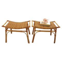 Pair of Spanish Rattan Stools or Small Benches with Cane Seats