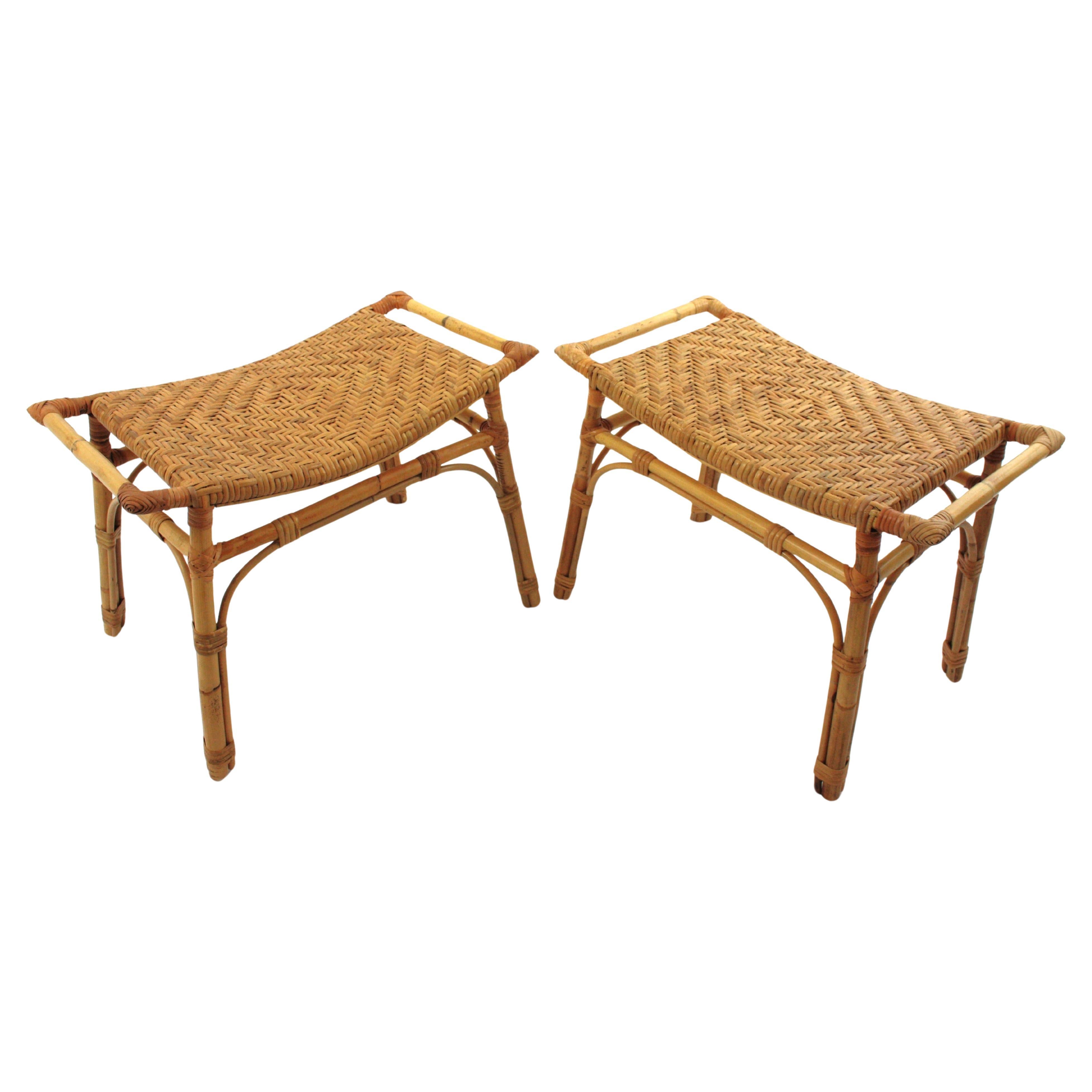Pair of Spanish Rattan Stools or Small Benches with Cane Seats For Sale