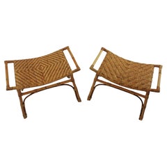 Pair of Spanish Rattan Stools or Small Benches with Woven Cane Seats
