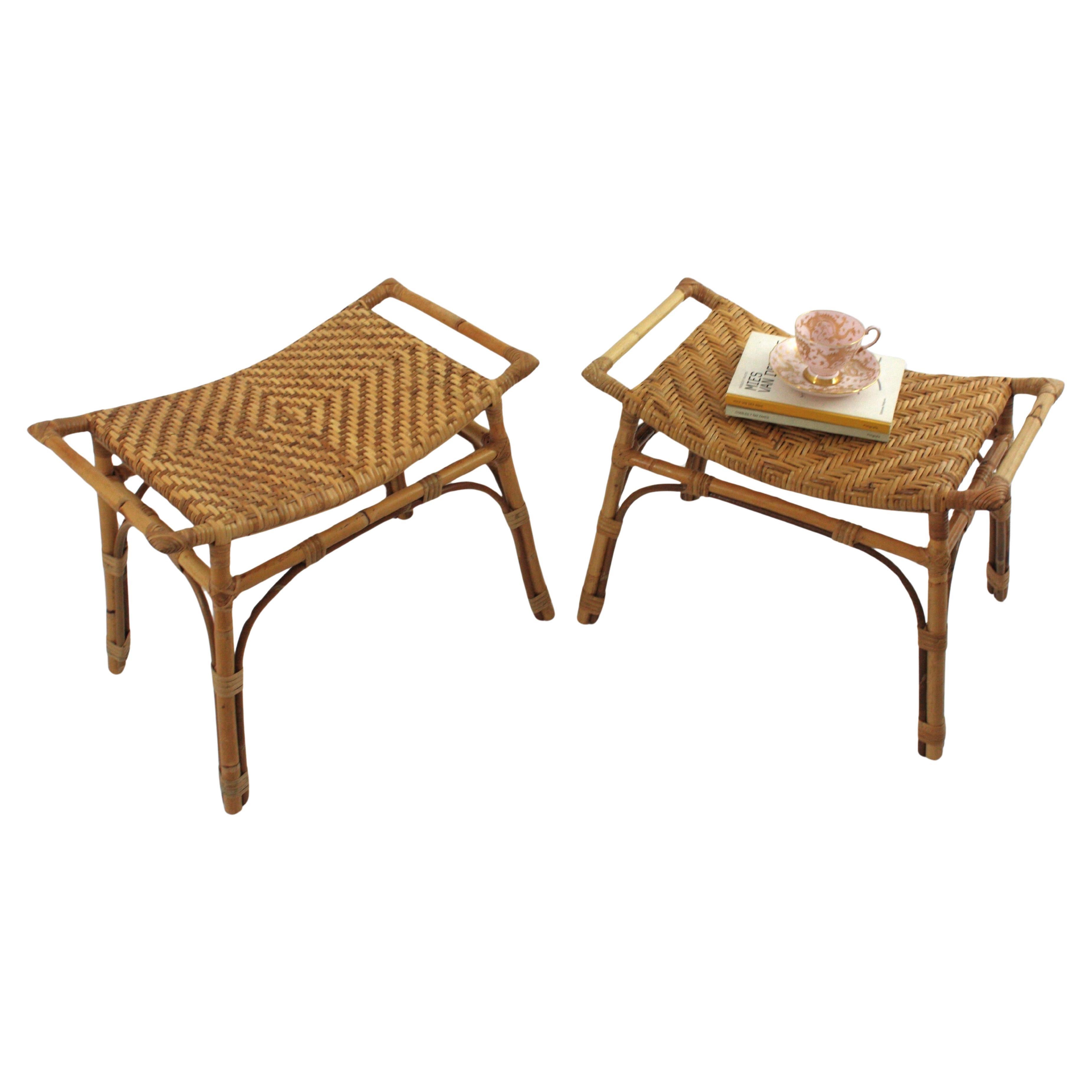 Pair of Spanish Rattan Stools or Small Benches with Woven Cane Seats