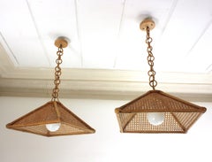Pair of Spanish Rattan & Wicker Wire Trapezoid Pendants / Hanging Lights