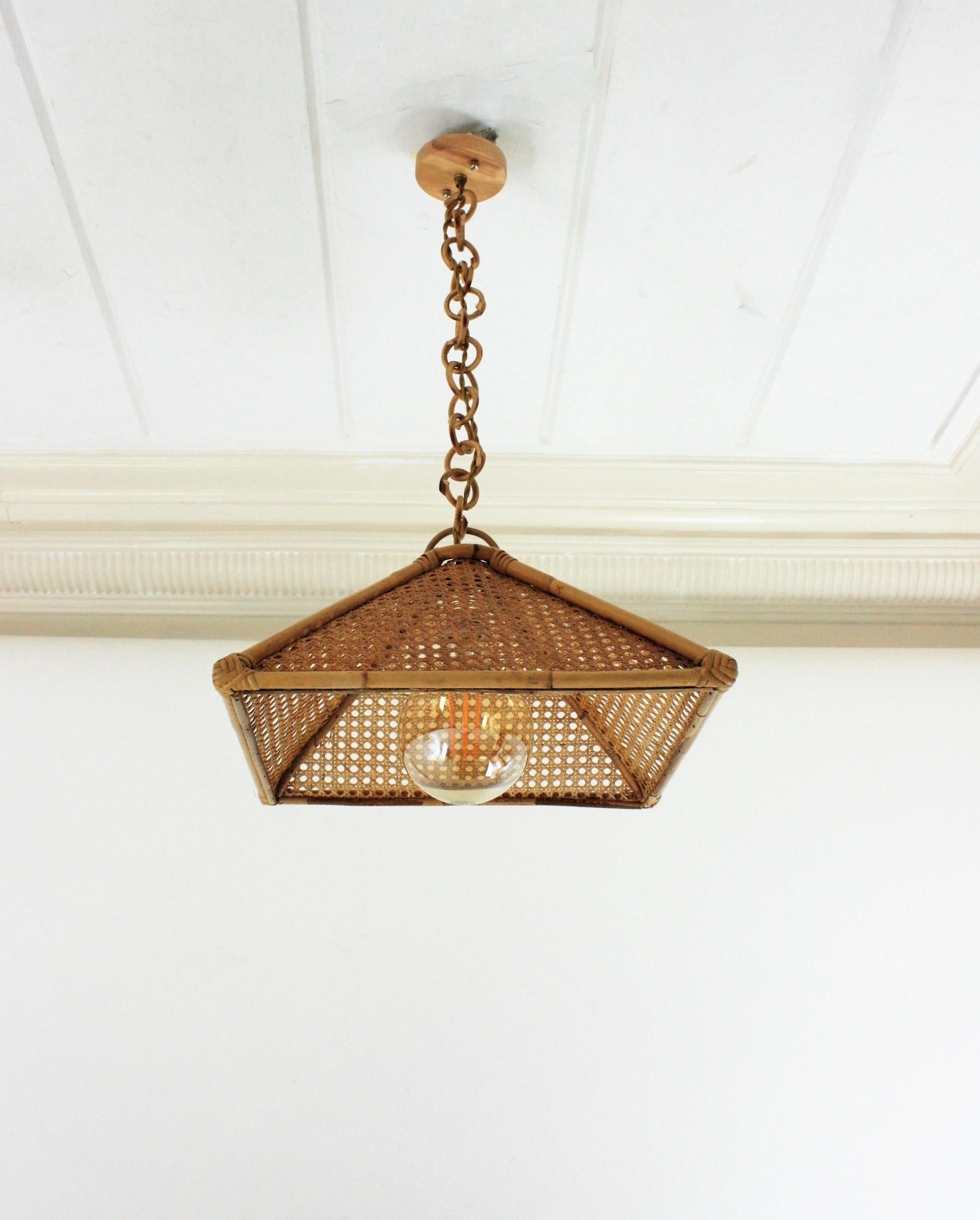 Pair of Spanish Rattan & Wicker Wire Trapezoid Pendants or Hanging Lights, 1960s 3