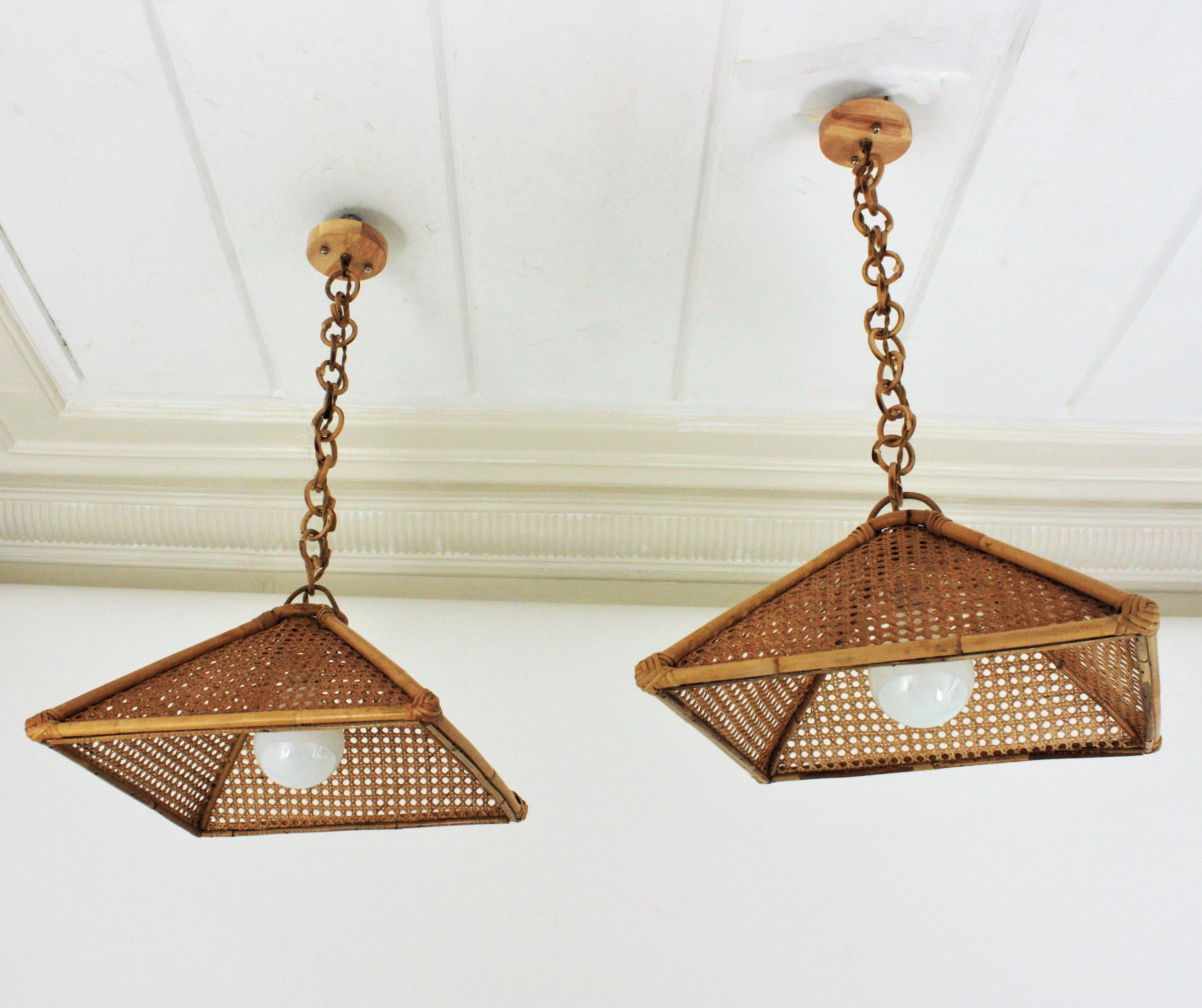 Pair of Spanish Rattan & Wicker Wire Trapezoid Pendants or Hanging Lights, 1960s 4