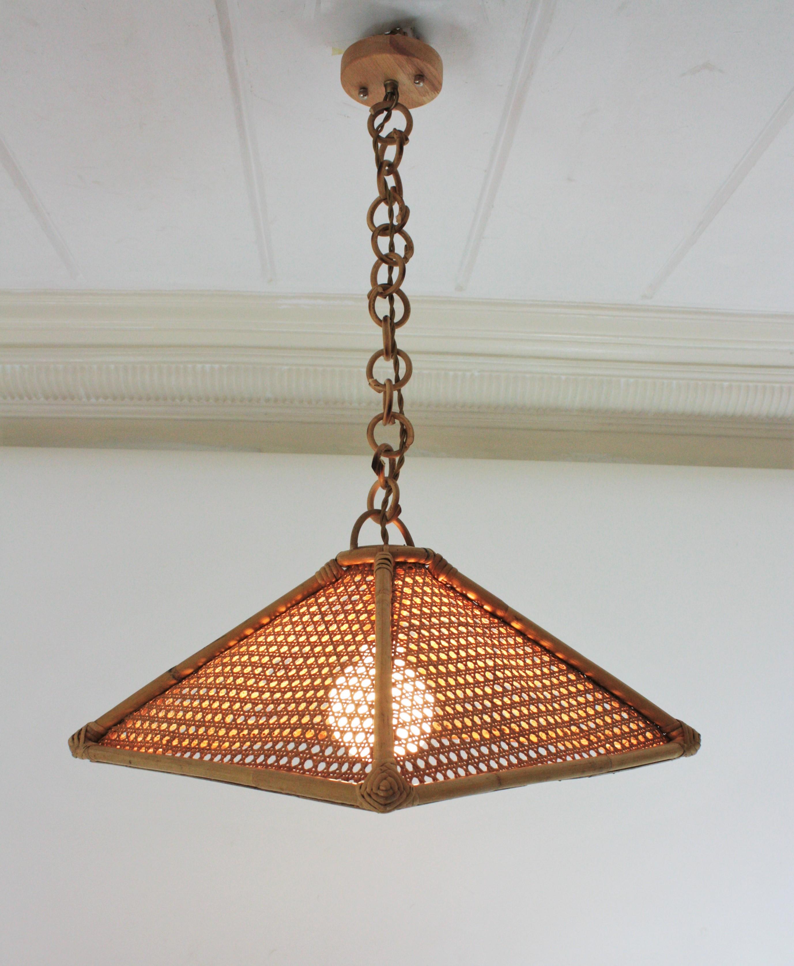 Pair of Spanish Rattan & Wicker Wire Trapezoid Pendants or Hanging Lights, 1960s 5