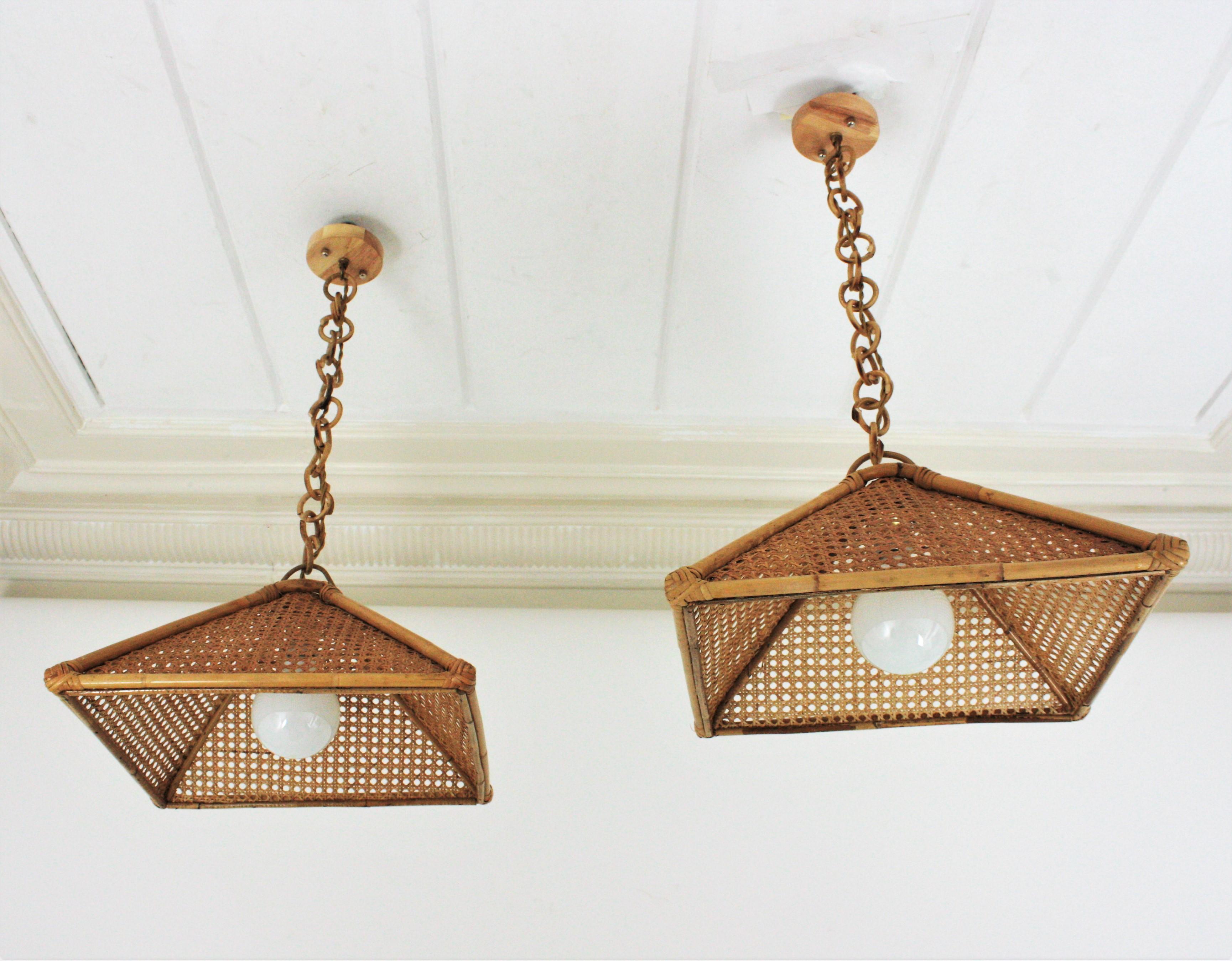 Pair of Spanish Rattan & Wicker Wire Trapezoid Pendants or Hanging Lights, 1960s 6