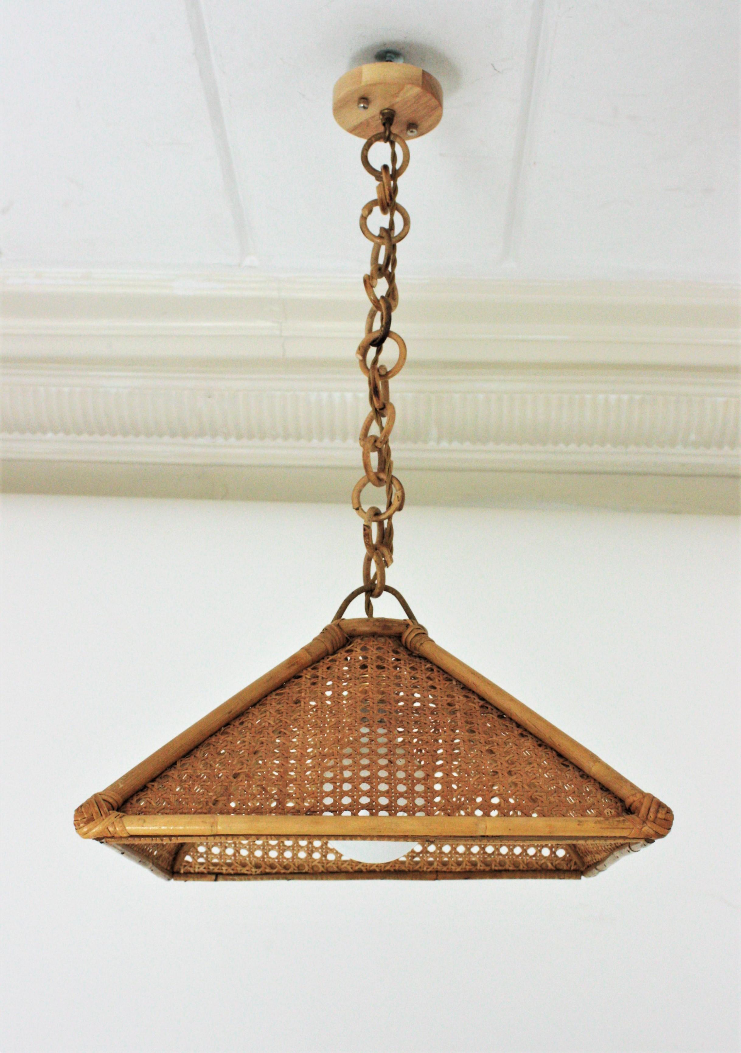 Pair of Spanish Rattan & Wicker Wire Trapezoid Pendants or Hanging Lights, 1960s 7