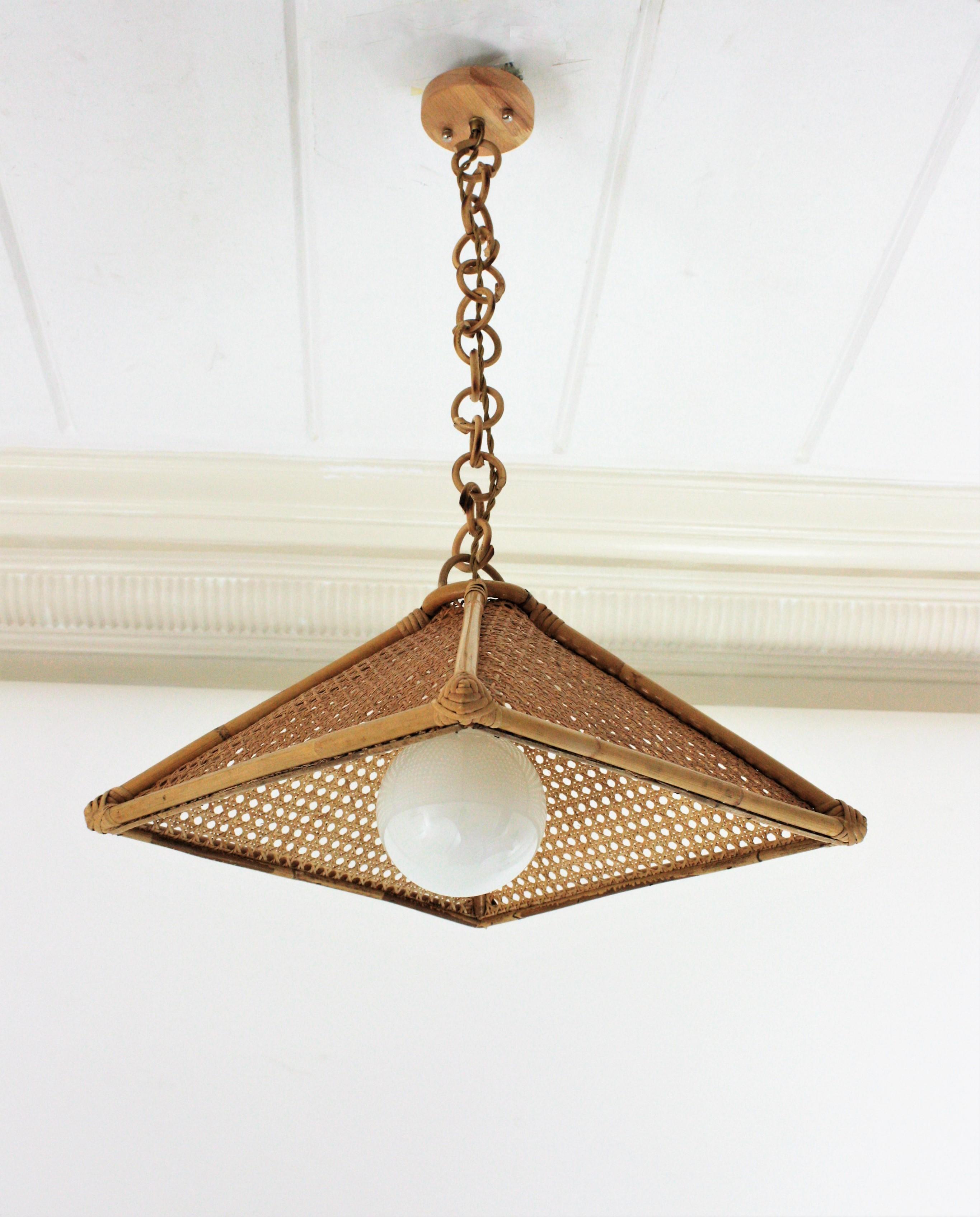 Pair of Spanish Rattan & Wicker Wire Trapezoid Pendants or Hanging Lights, 1960s 8