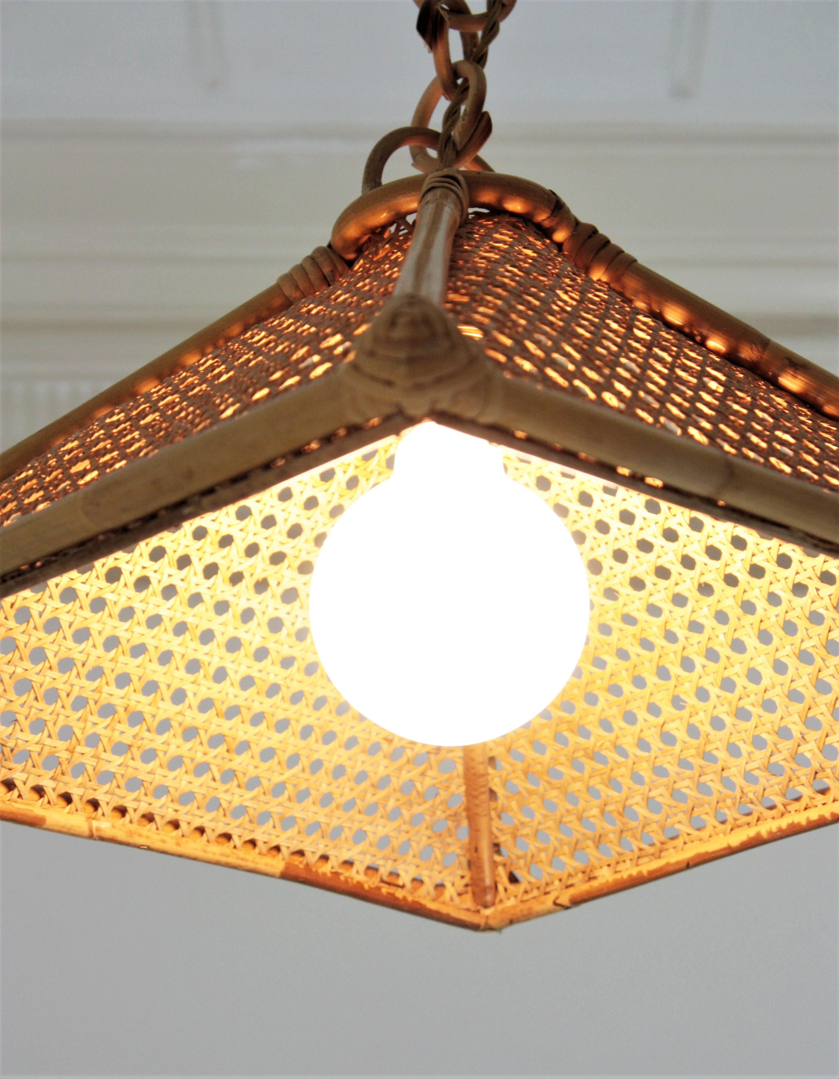 Pair of Spanish Rattan & Wicker Wire Trapezoid Pendants or Hanging Lights, 1960s 9