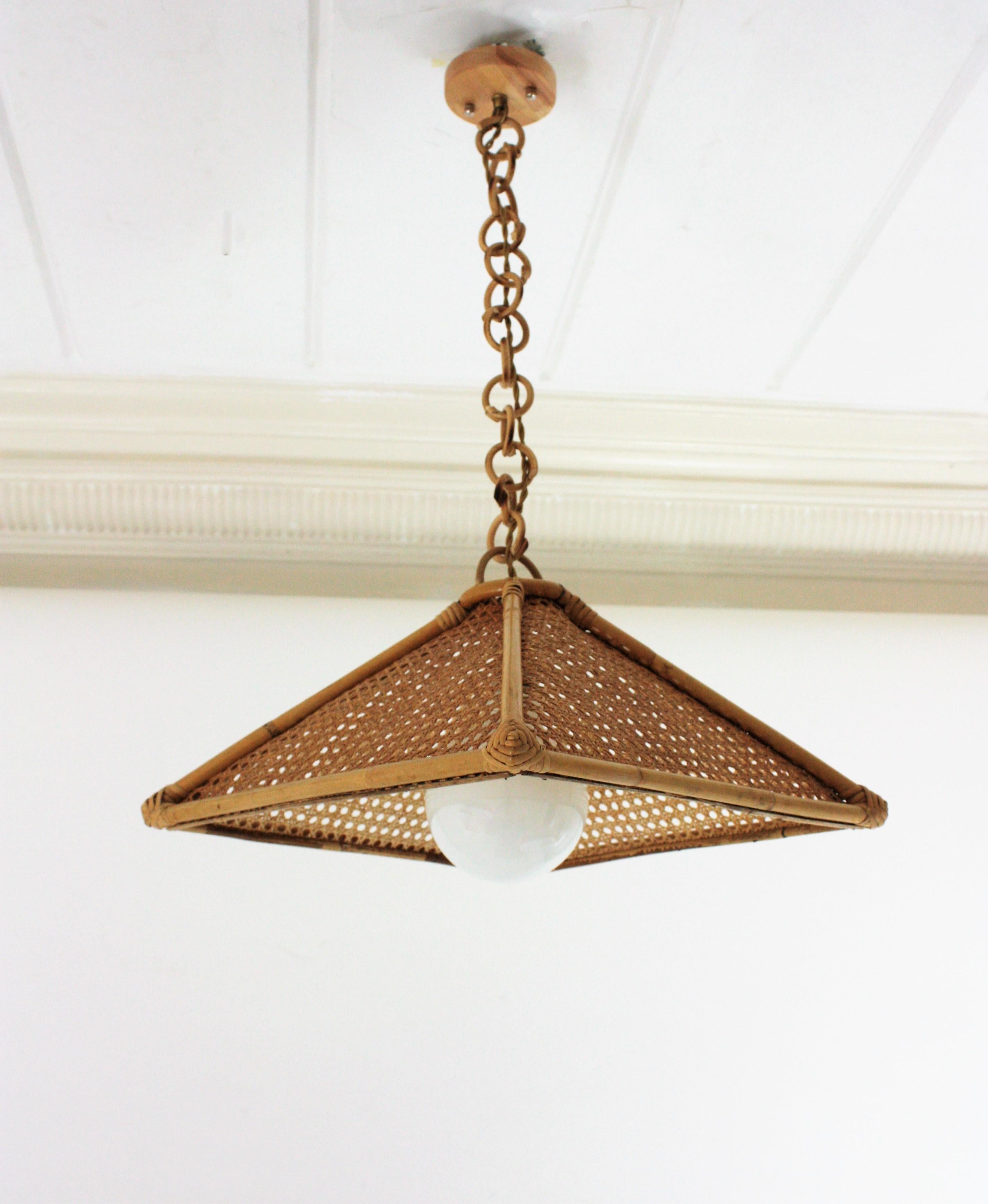 Pair of Spanish Rattan & Wicker Wire Trapezoid Pendants or Hanging Lights, 1960s 11