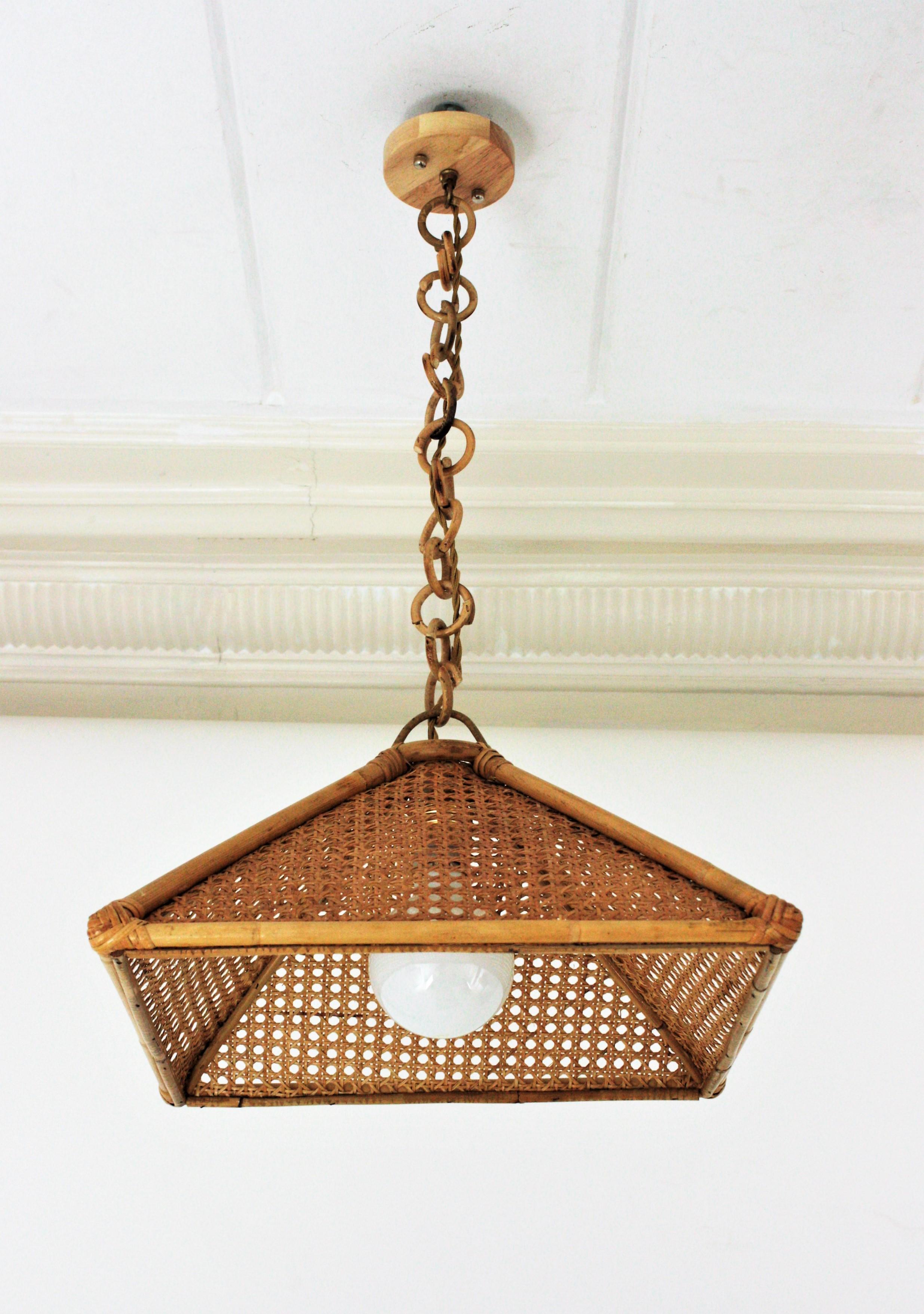 20th Century Pair of Spanish Rattan & Wicker Wire Trapezoid Pendants or Hanging Lights, 1960s