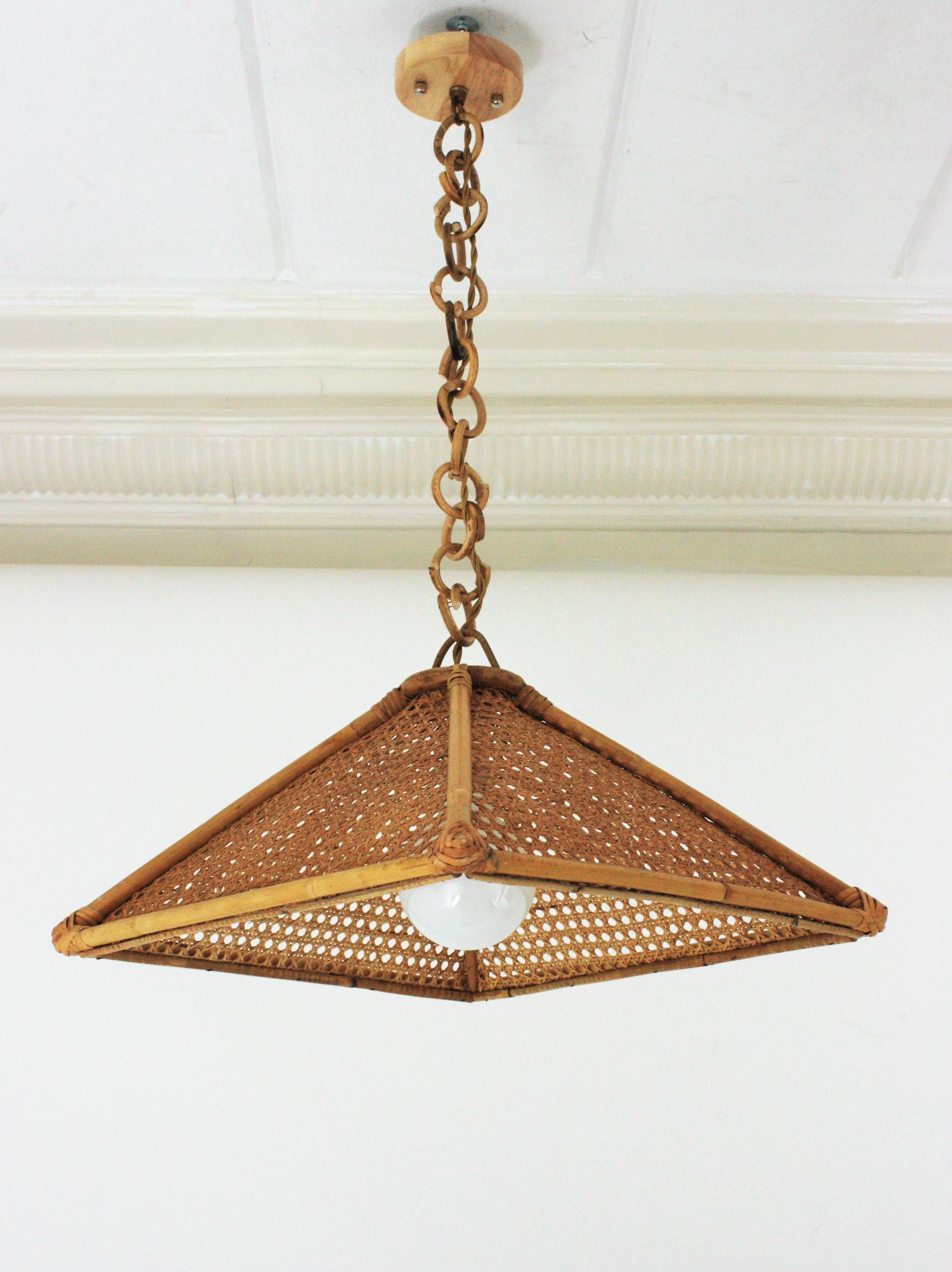 Bamboo Pair of Spanish Rattan & Wicker Wire Trapezoid Pendants or Hanging Lights, 1960s