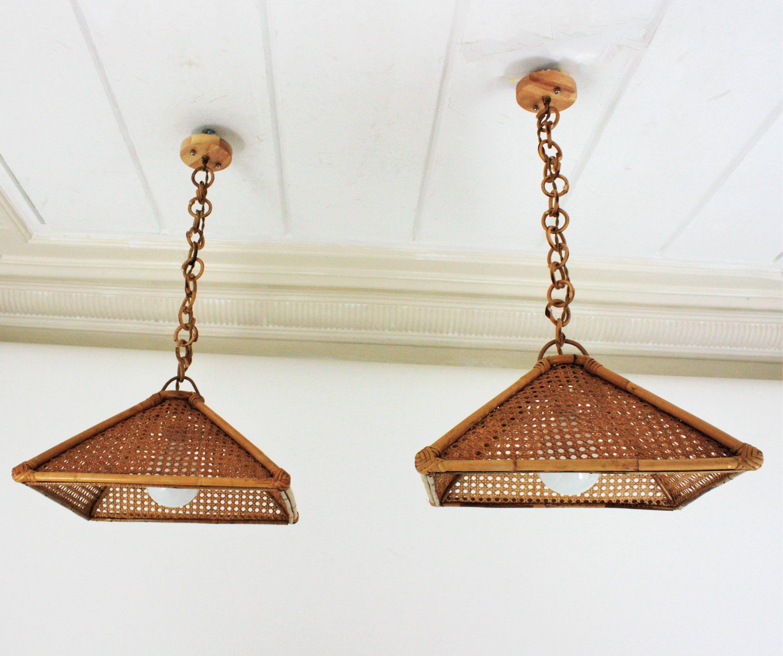 Pair of Spanish Rattan & Wicker Wire Trapezoid Pendants or Hanging Lights, 1960s 1