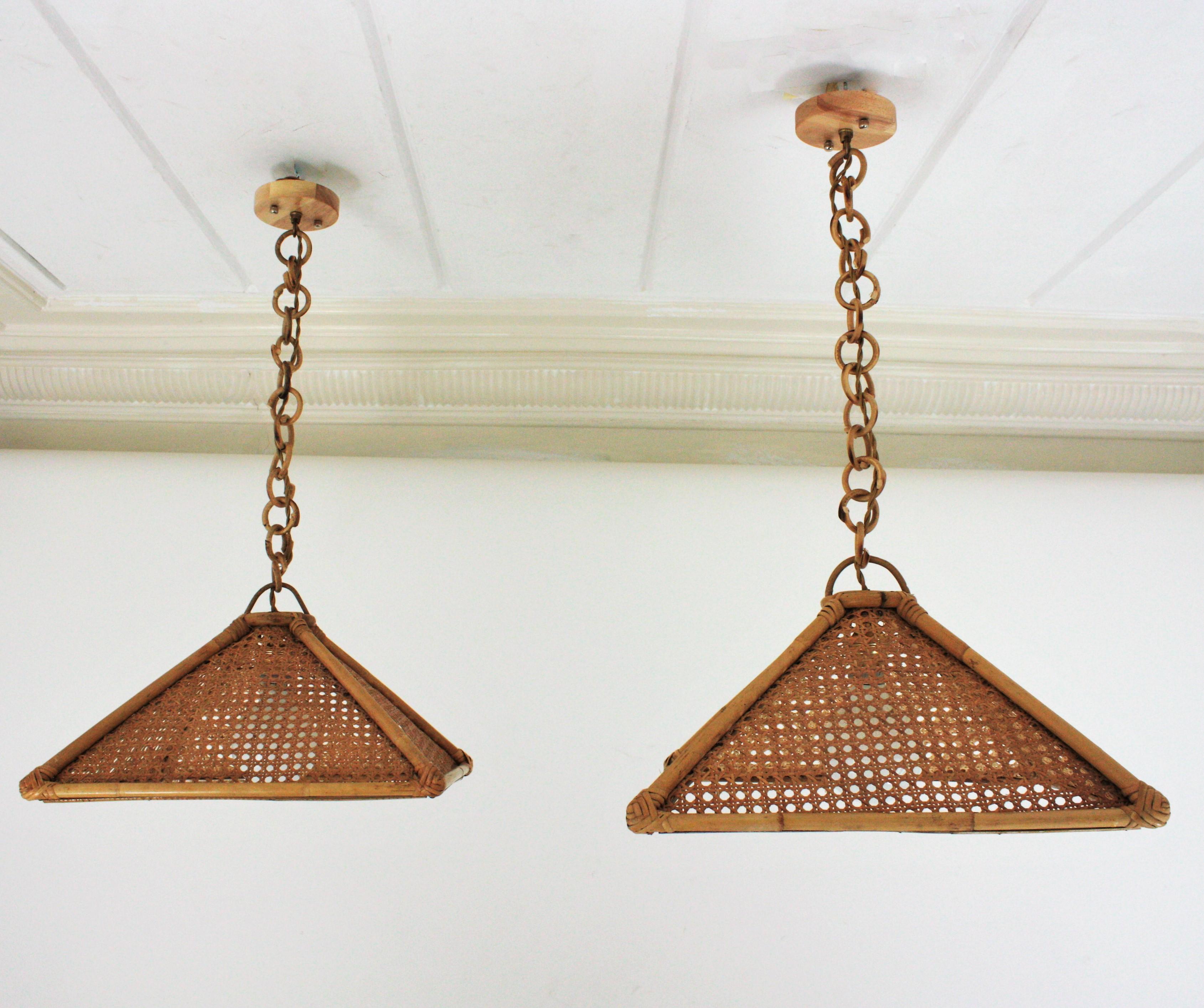 Pair of Spanish Rattan & Wicker Wire Trapezoid Pendants or Hanging Lights, 1960s 2