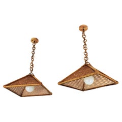 Pair of Spanish Rattan 
Wicker Wire Trapezoid Pendants or Hanging Lights, 1960s