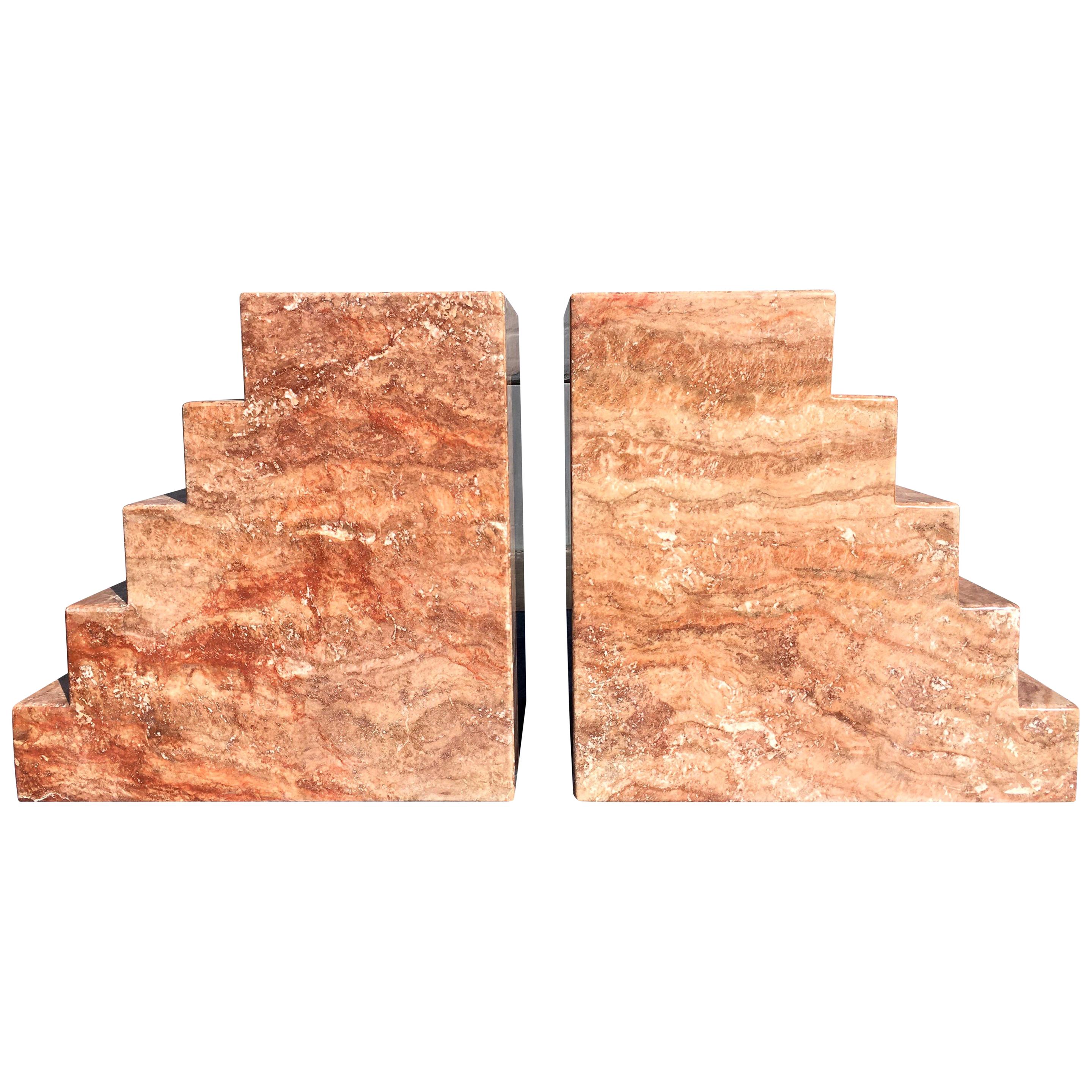 Pair of Spanish Red Travertine Table Bases Pedestals Step Design