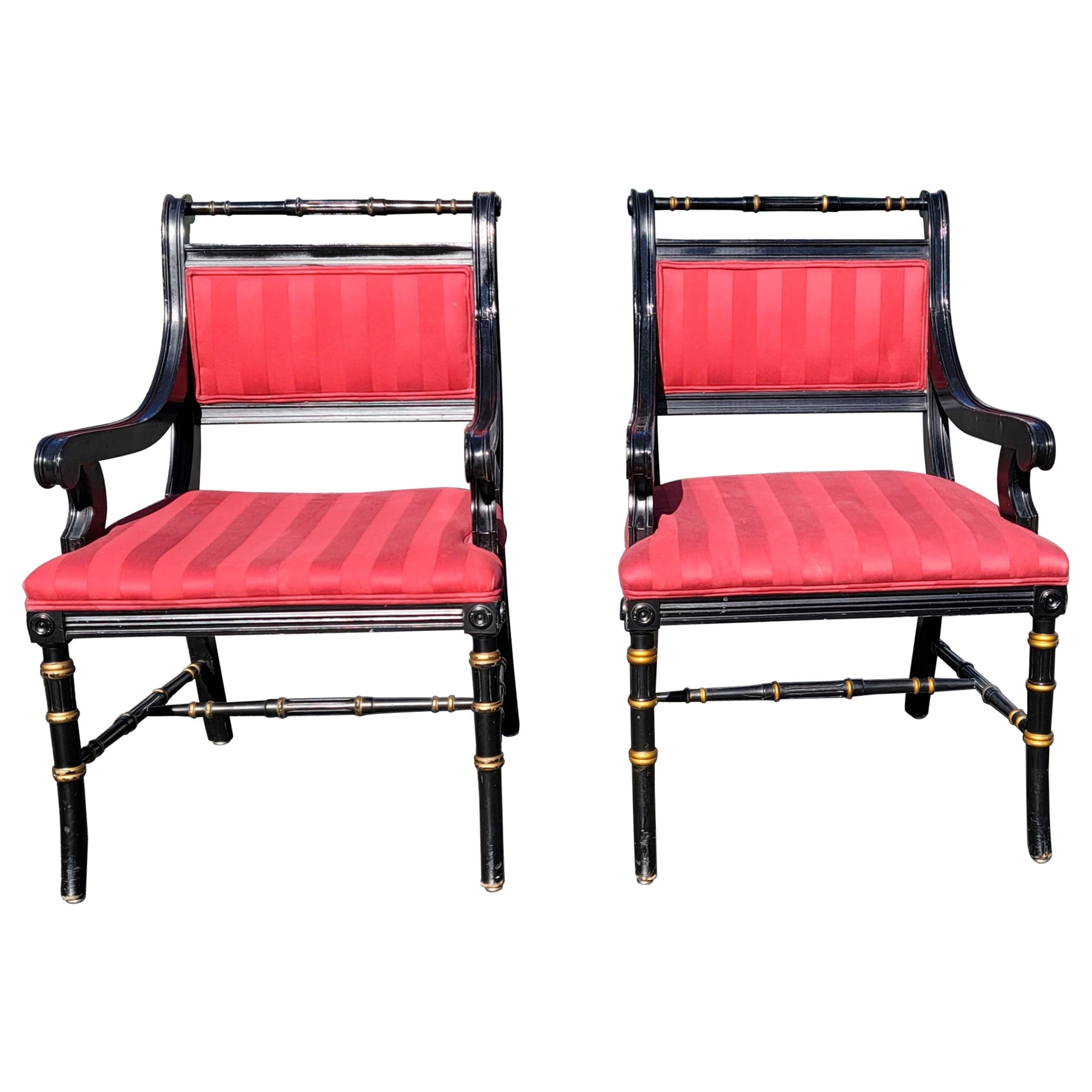 Pair of Spanish Regency Parcel Gilt and Ebonized Upholstered Armchairs