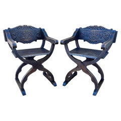 Pair of Spanish Renaissance Revival Carved Savonarola Chairs, Early 20th Century
