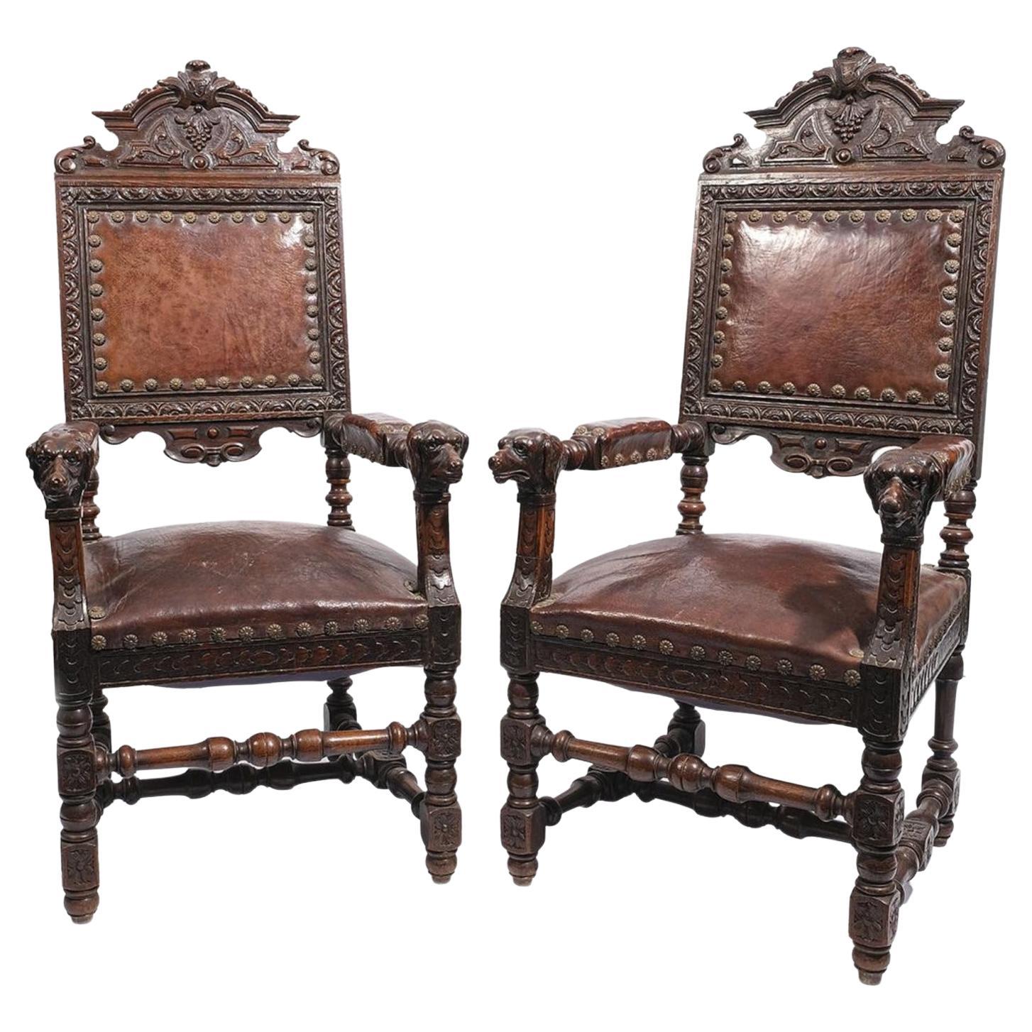 Pair of Spanish Renaissance style Armchairs 19th Century