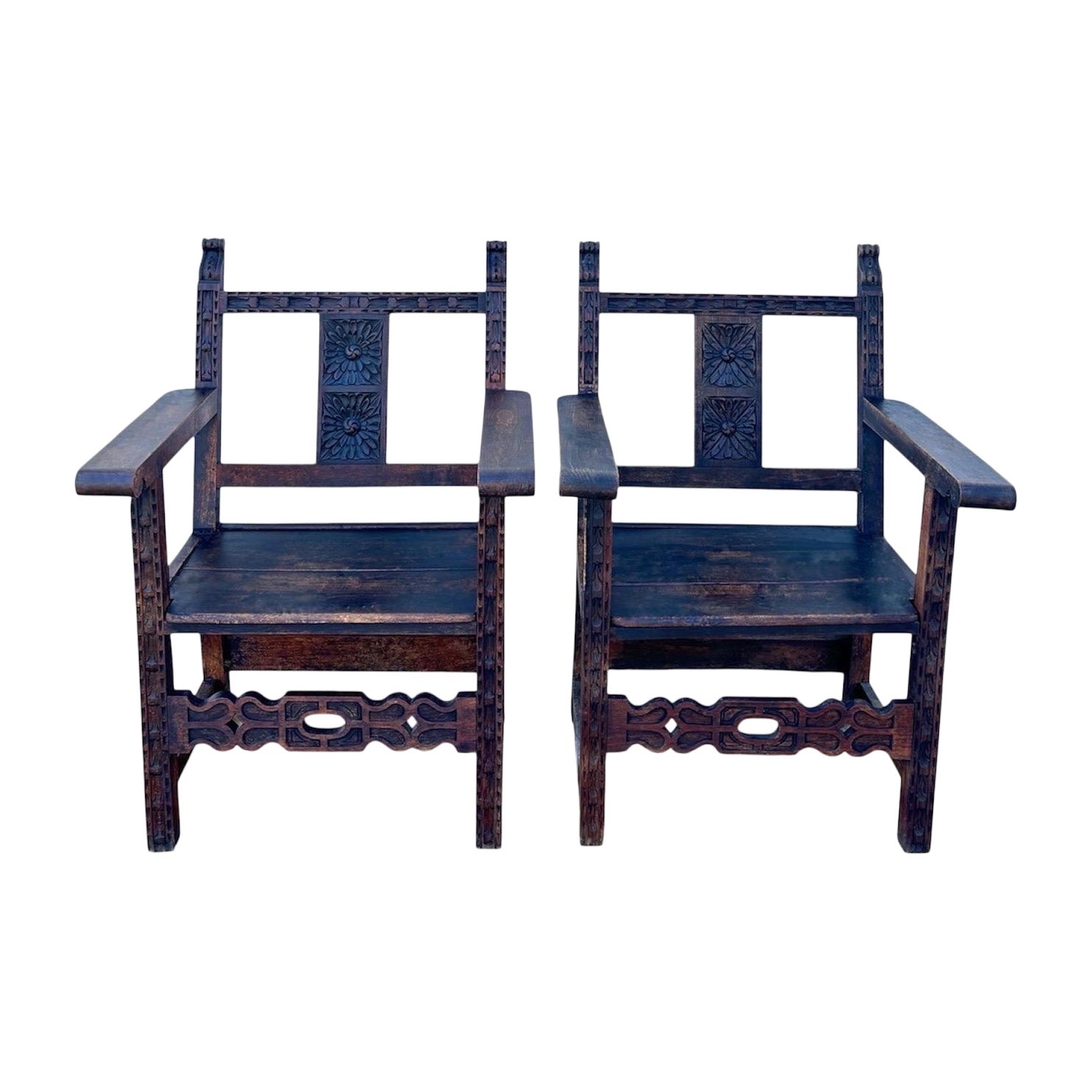 Pair of Spanish Renaissance Style Carved Wooden Armchairs