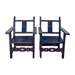 Pair of Spanish Renaissance Style Carved Wooden Armchairs Pair of Spanish Renaissance Style Carved Wooden Armchairs