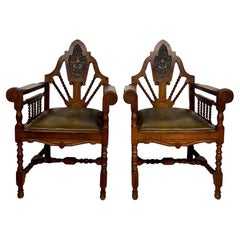 Pair of Spanish Revival Armchairs with Carved Crest, Early 20th Century