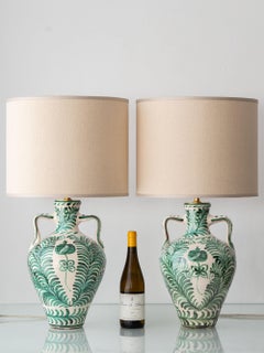 Pair of Spanish Revival Ceramic Table Lamps from Granada, New Linen Lampshades