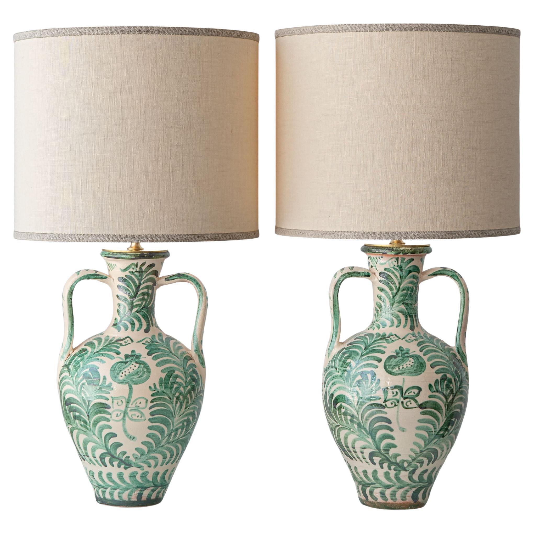 Pair of Spanish Revival Ceramic Table Lamps from Granada, New Linen Lampshades