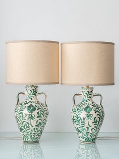 Pair of Spanish Revival Ceramic Table Lamps from Granada, New Linen Lampshades