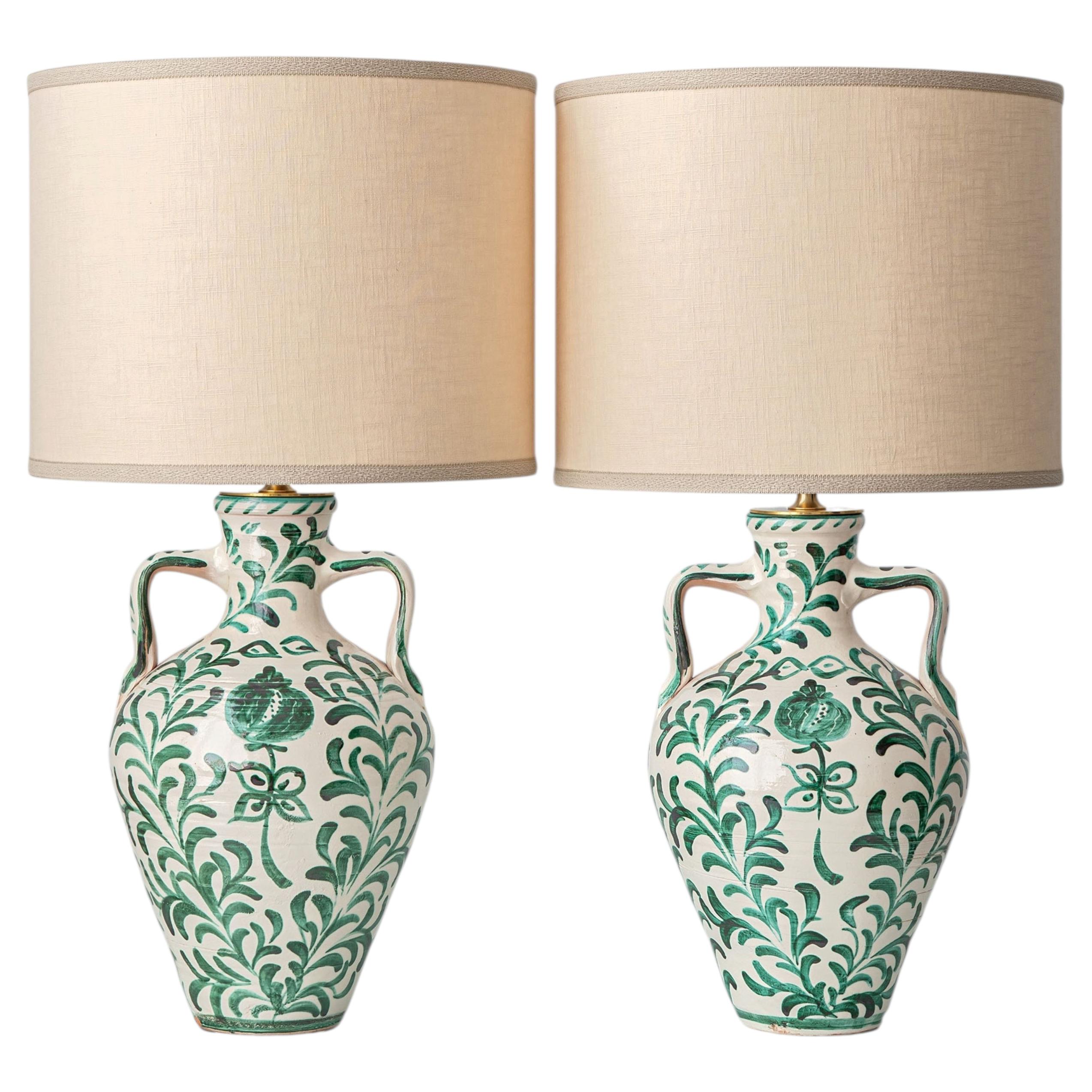 Pair of Spanish Revival Ceramic Table Lamps from Granada, New Linen Lampshades