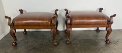Pair of Spanish Revival Embossed Leather Benches