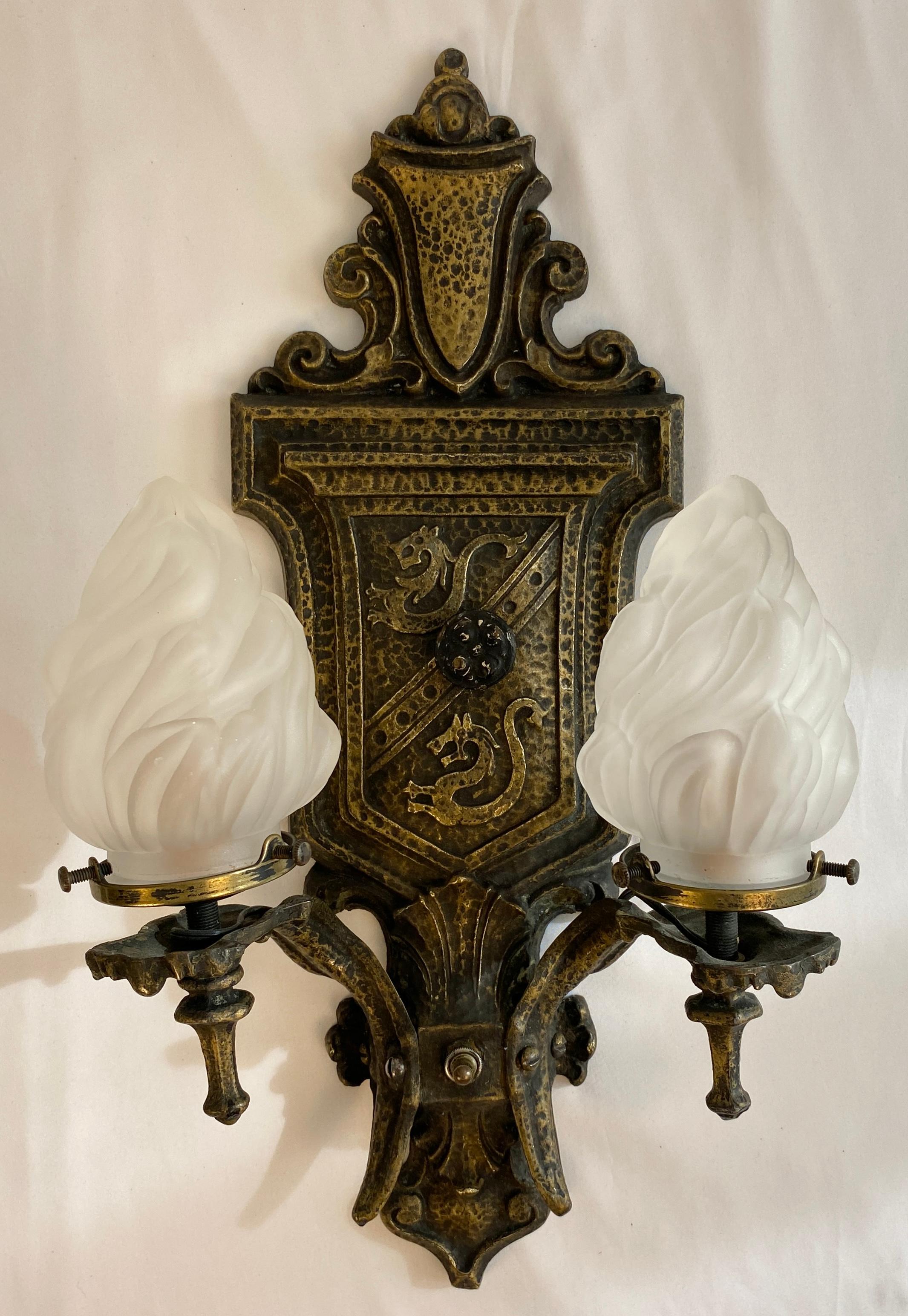 Brass Pair of Spanish Revival Style Wall Sconces For Sale