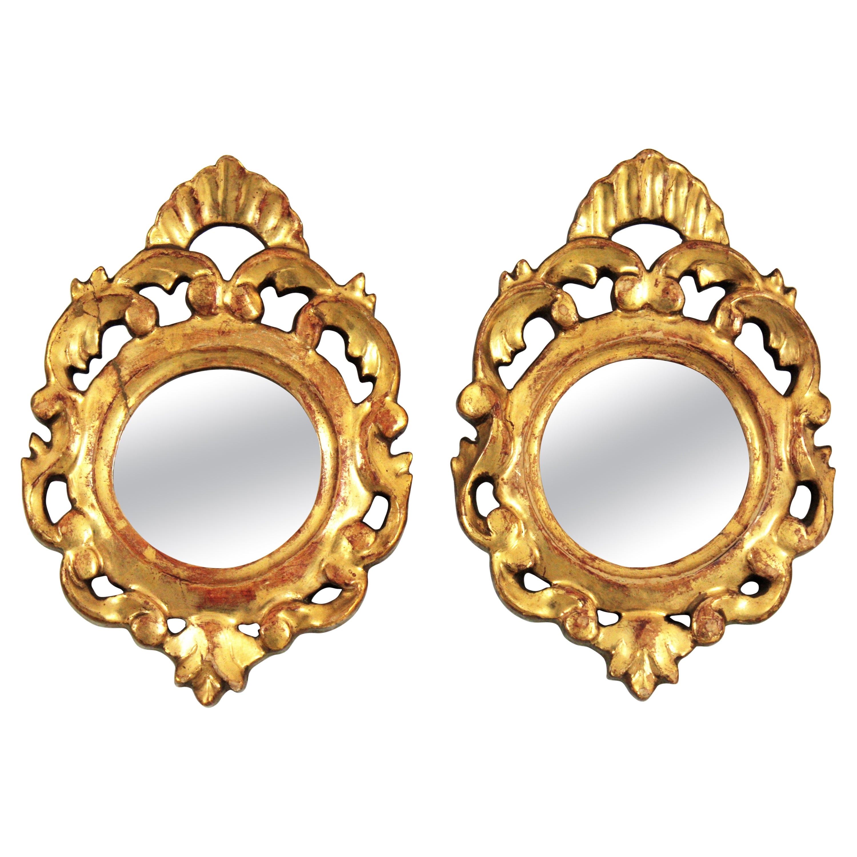 Pair of Spanish Rococo Mini Sized Mirrors in Giltwood